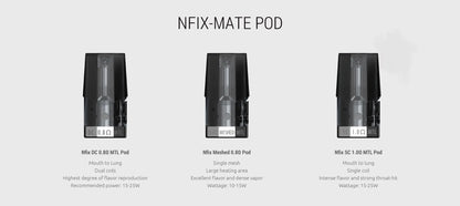 A product comparison graphic titled 'NFIX-MATE POD' showing three black Smok Nfix Pods labelled 'NFIX DC 0.80 MTL Pod', 'NFIX Bladed 0.