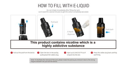 Instruction graphic titled 'HOW TO FILL WITH E-LIQUID' showing step-by-step visuals and text for filling a vape pod, with small product photos and arrows indicating actions. The product itself is not shown in a clean sellable way, so this is auxiliary rather than Product/Packaging.