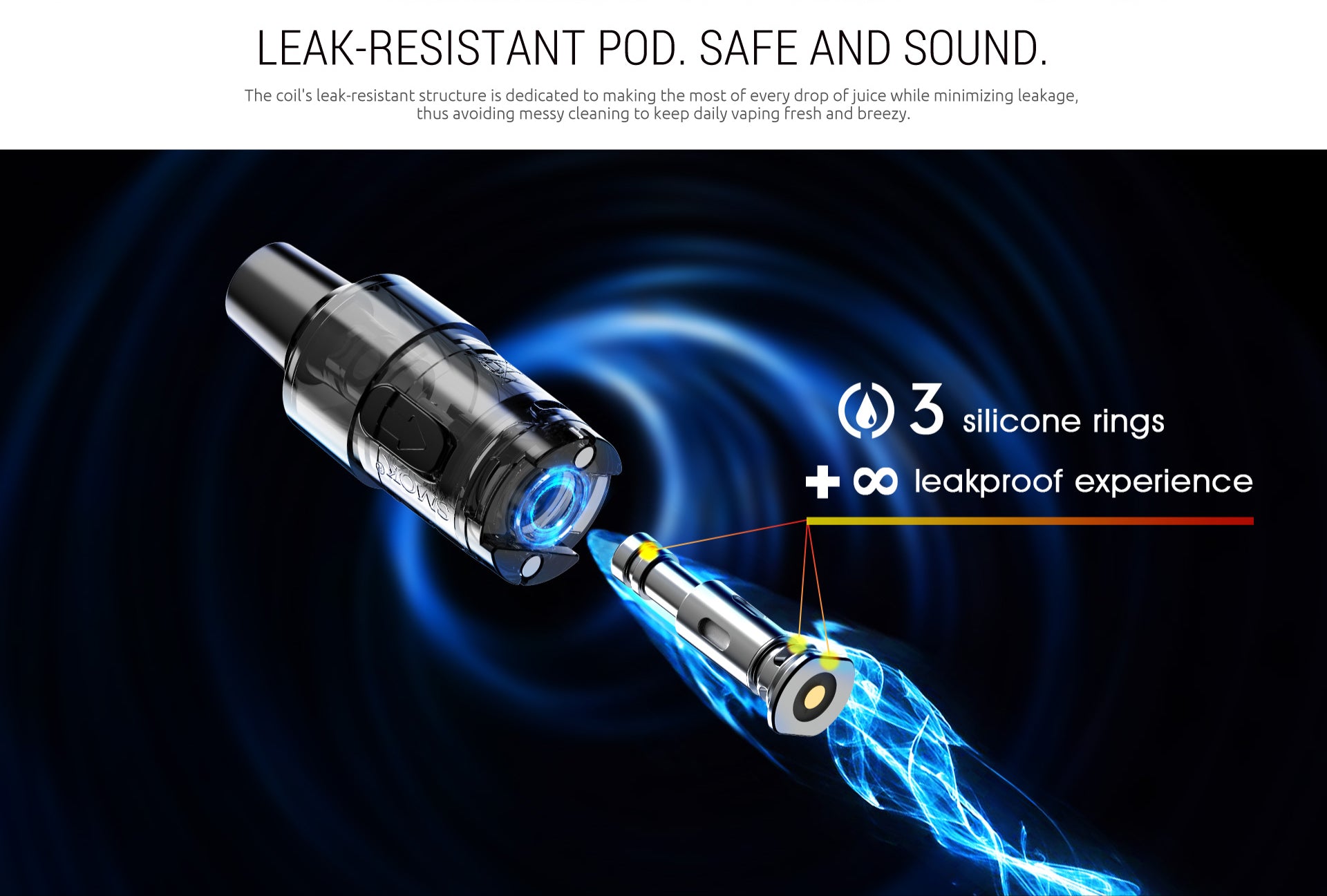 Leak-resistant pod with 3 silicone rings and leakproof experience on a dark background
