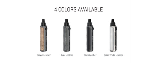 Four Smok RPM 25W Pod Vape Kits in different leather finishes on a white background with text indicating colour options.