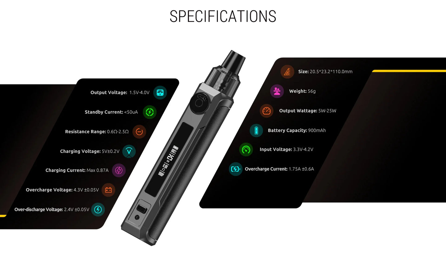 Vaping device with specifications displayed on a white background