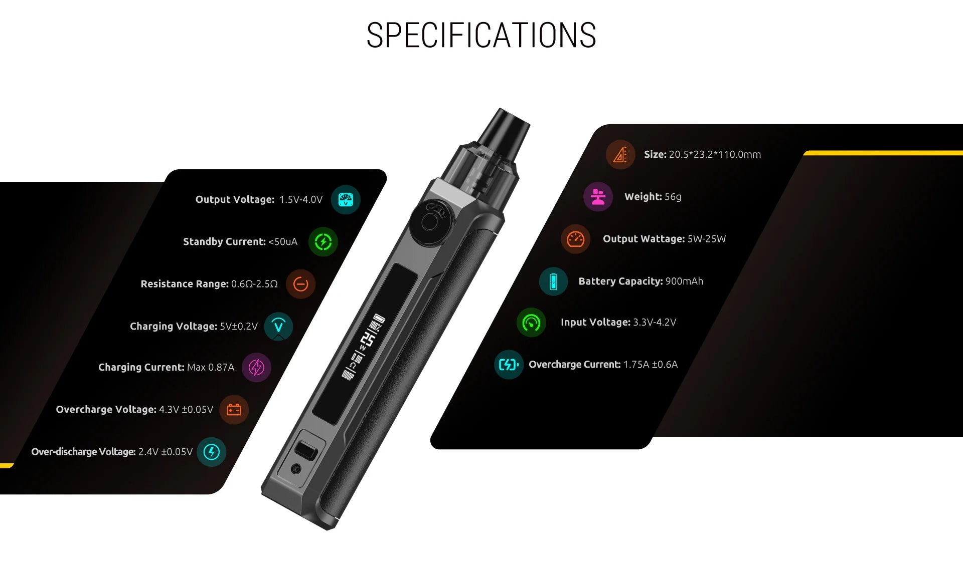 Vaping device with specifications displayed on a white background