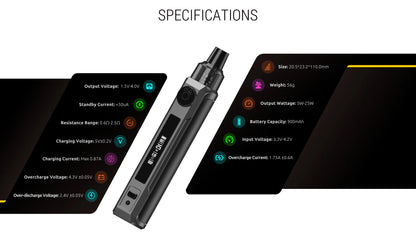 Vaping device with specifications displayed on a white background