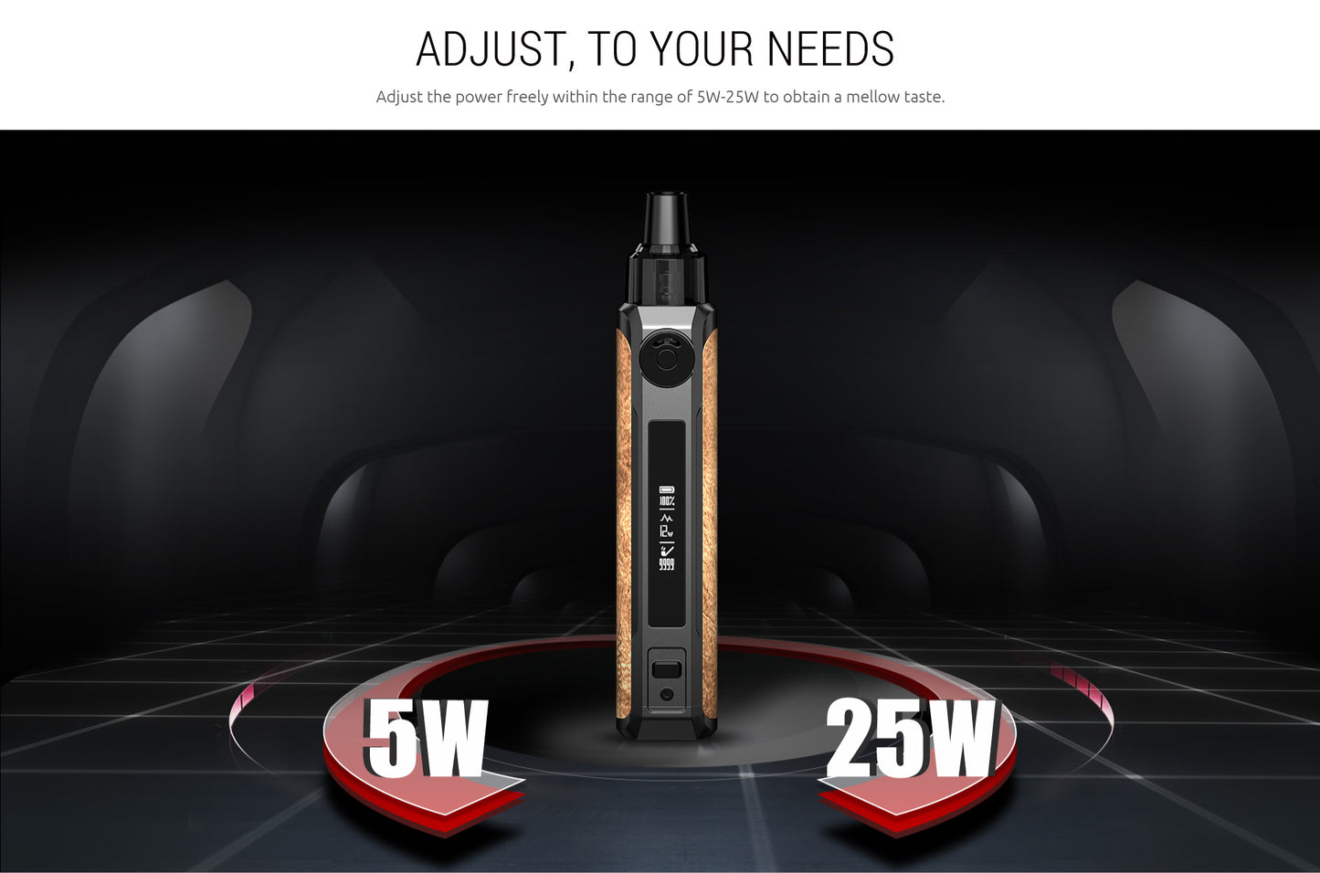 Vaping device with power settings displayed on a dark background