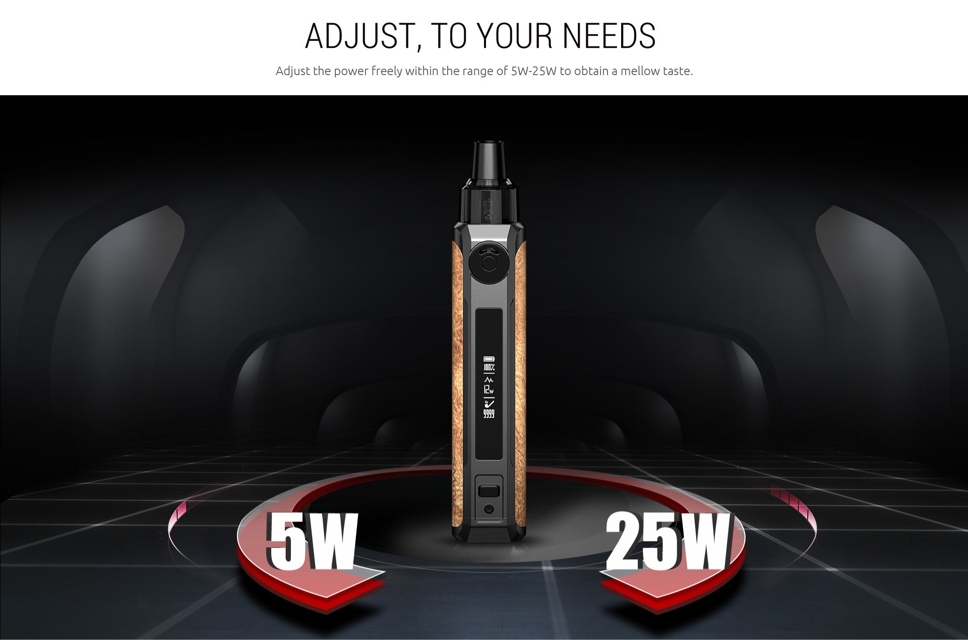 Vaping device with power settings displayed on a dark background