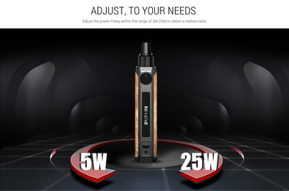 Vaping device with power settings displayed on a dark background