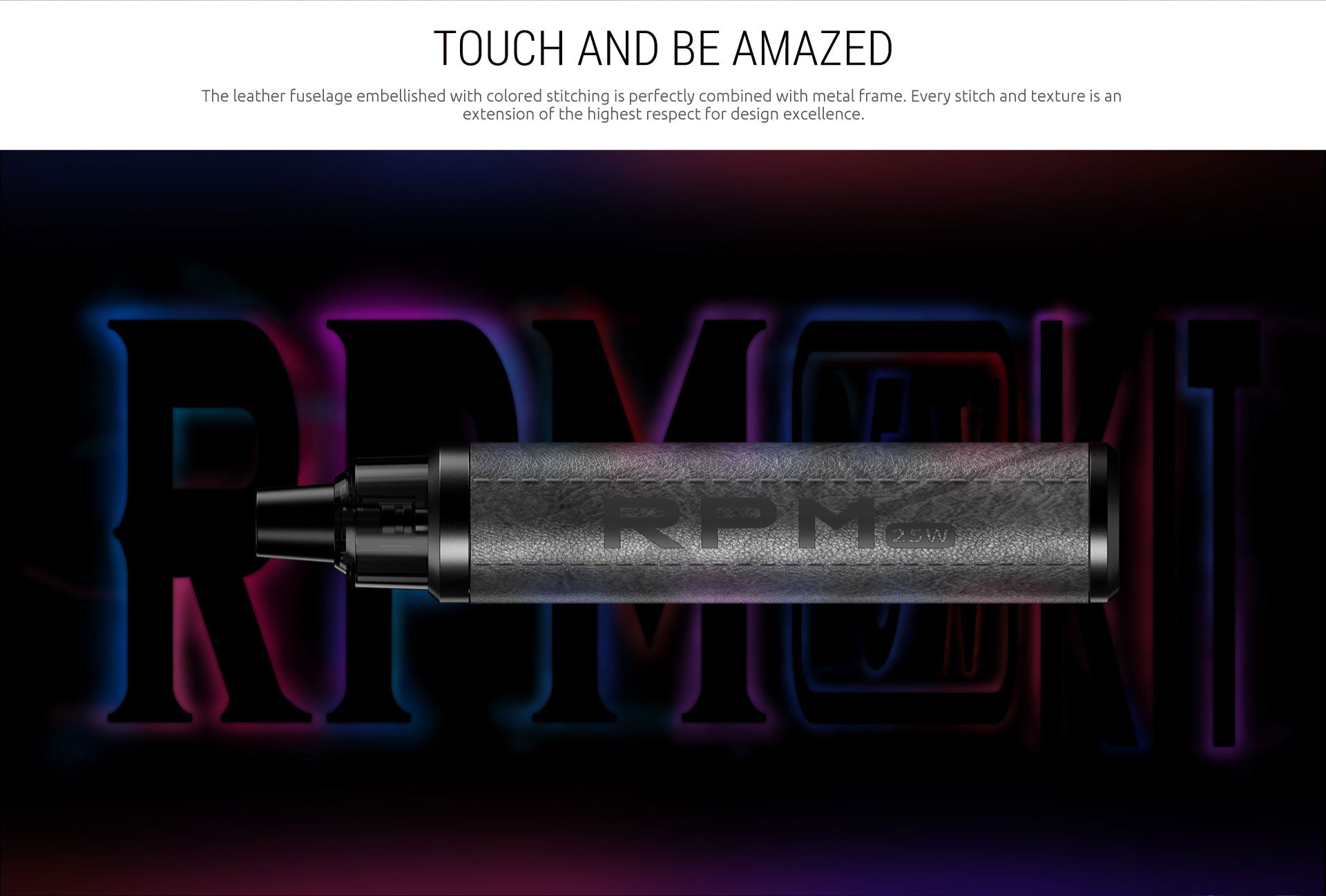 A cylindrical vape device with a textured gray body and black mouthpiece, displayed horizontally against a dark background with neon purple and blue lettering. A white banner at the top contains promotional text.