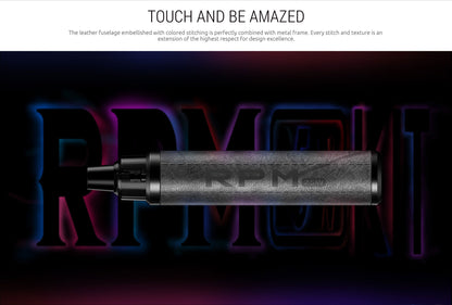 A cylindrical vape device with a textured gray body and black mouthpiece, displayed horizontally against a dark background with neon purple and blue lettering. A white banner at the top contains promotional text.