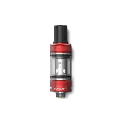 A SMOK G16 vape tank with red metallic accents, a clear glass chamber, and a black mouthpiece, shown against a plain white background.