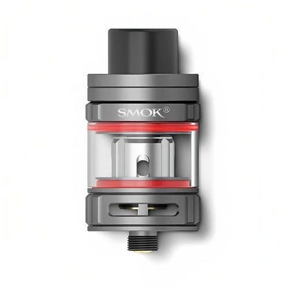 A SMOK vape tank mod with a dark gray and black body, clear glass chamber, and red accent rings, shown on a white background.