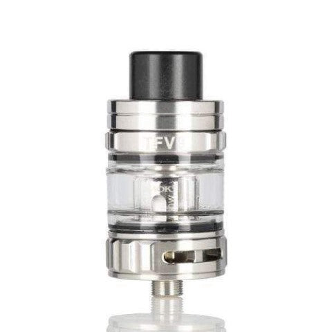 A clear glass and stainless steel vape tank with a black mouthpiece, shown on a white background with a faint reflection below.