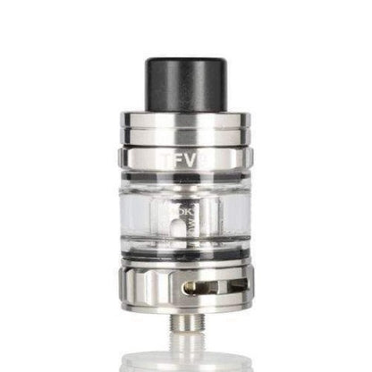 A clear glass and stainless steel vape tank with a black mouthpiece, shown on a white background with a faint reflection below.