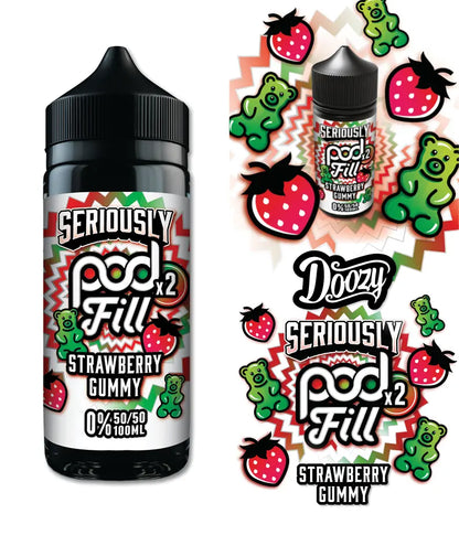 Vape pod labelled 'Seriously Pod Fill Strawberry Gummy' with colourful graphics on a white background