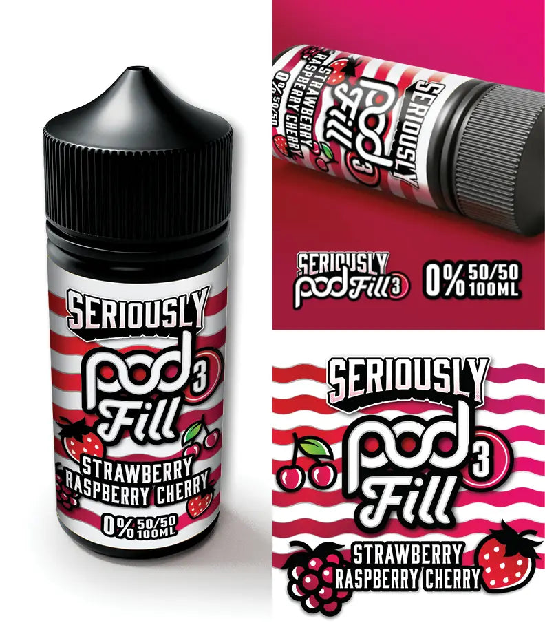 Seriously Pod Fill Strawberry Raspberry Cherry e-liquid bottle and packaging on a white background