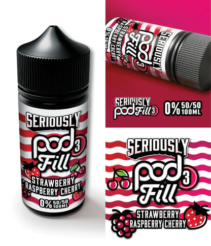 Seriously Pod Fill Strawberry Raspberry Cherry e-liquid bottle and packaging on a white background