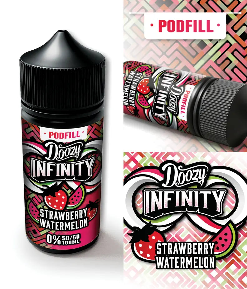 Doozy Infinity Strawberry Watermelon vape juice bottle with packaging on a white background