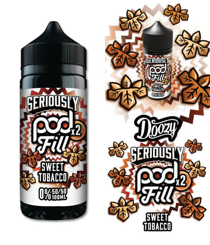 E-liquid bottle labelled 'Seriously Pod Fill Sweet Tobacco' with decorative elements on a white background.