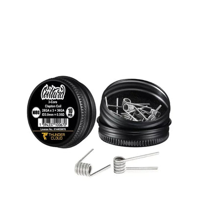 3core Clapton Coils Ni80 0.35 Ohm Thundercloud X Coilturd packaging with coils on a white background