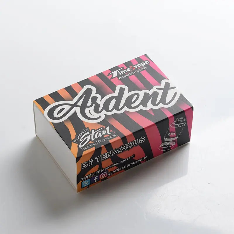 A rectangular product box for Ardent x Star x Time Vape, featuring a bold black, orange, and pink zebra-stripe pattern with white and black text, photographed on a clean white surface.