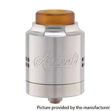 A silver metallic vape tank with an amber-coloured translucent mouthpiece, featuring the embossed brand name 'Ardent' on the front, set against a plain white background.