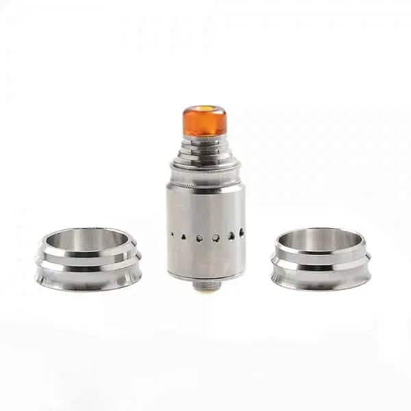 Metallic vape device with orange top on a white background