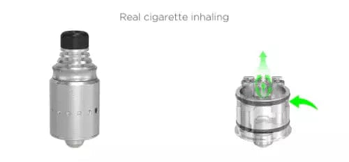 Vape device with a real cigarette inhalation comparison on a white background
