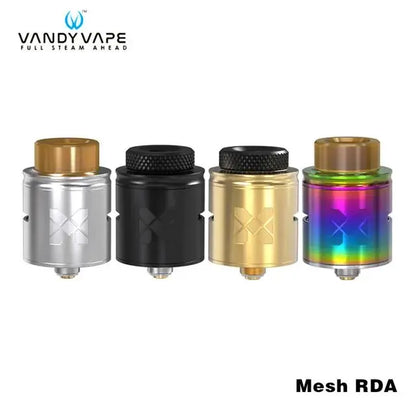 Four Vandy Vape Mesh RDA components in different colours with Vandy Vape branding on a white background.
