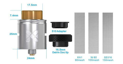 Vape component set with measurements and details on a white background