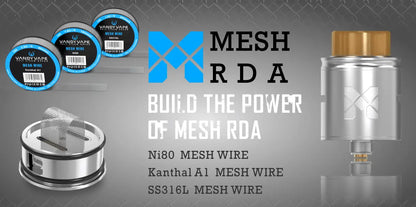 Mesh RDA components and packaging on a gray background with branding.