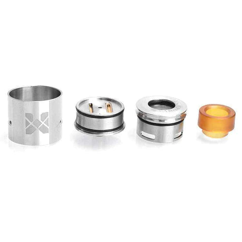 Set of metallic components on a white background