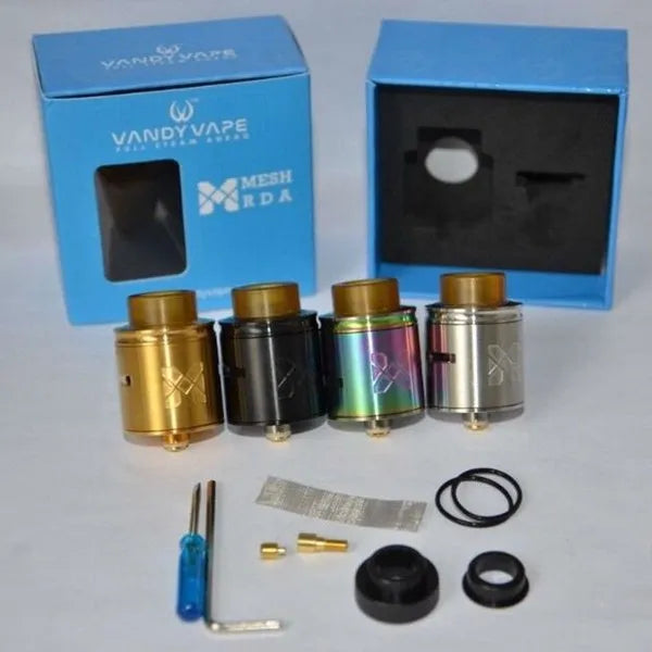 Vandy Vape vaping device components with blue packaging on a white background