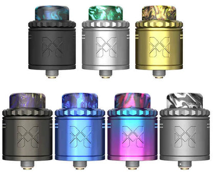 Set of eight Vandy Vape Mesh RDAs in various colours on a white background