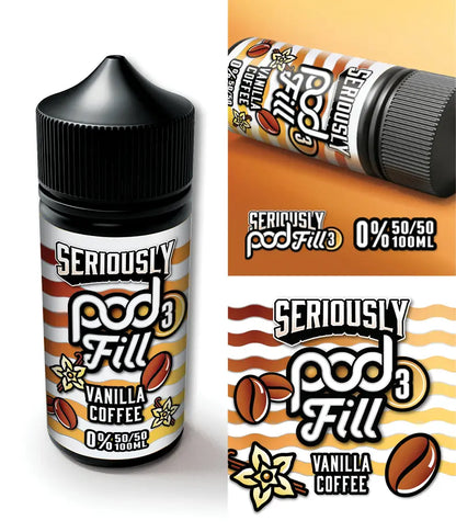 Seriously Pod Fill Vanilla Coffee e-liquid bottle on a white background