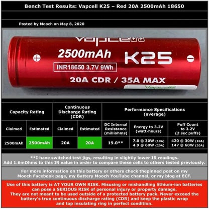 Vapcell K25 18650 2500mAh Battery | 20A/ 35A Max | bearsvapes.co.uk