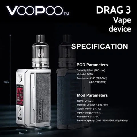 Voopoo Drag 3 Vape Kit | ONLY £39.95 | 2 FREE Golisi 18650 Batteries