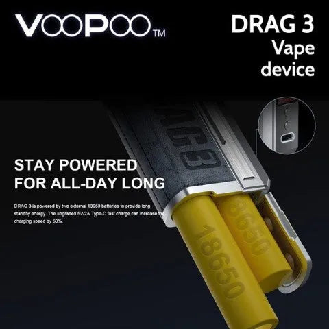 Voopoo Drag 3 Vape Kit | ONLY £39.95 | 2 FREE Golisi 18650 Batteries