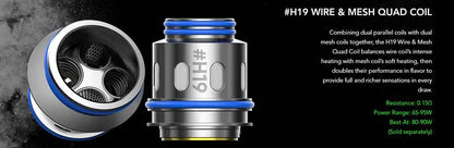 A technical product graphic showing a metallic quad coil vape mouthpiece from two angles on a black background, with blue accent rings, white text reading '#H19 WIRE & MESH QUAD COIL,' and small green performance specs.