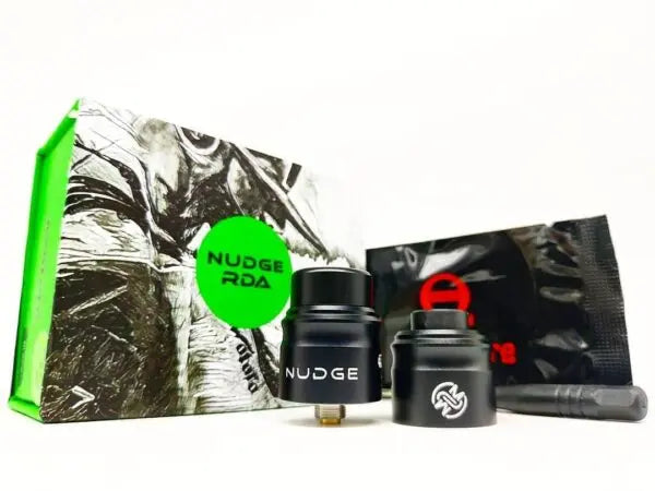 Nudge RDA vaping components with branded packaging on a white background
