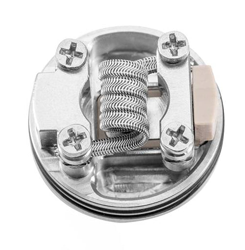 Close-up of the Wotofo Nudge 24mm RDA Build-deck with single coil build on a white background.