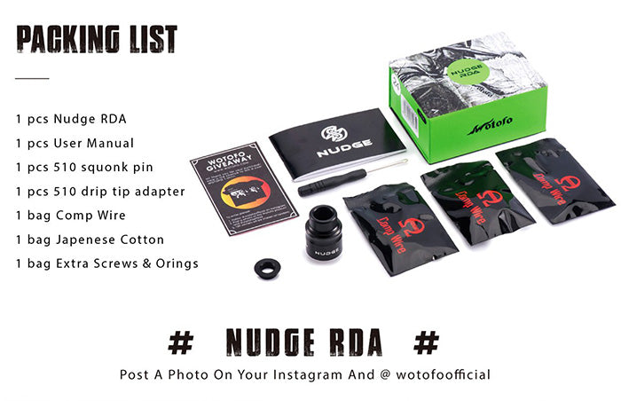 Packing list of Nudge RDA components with Wotofo branding on a white background.