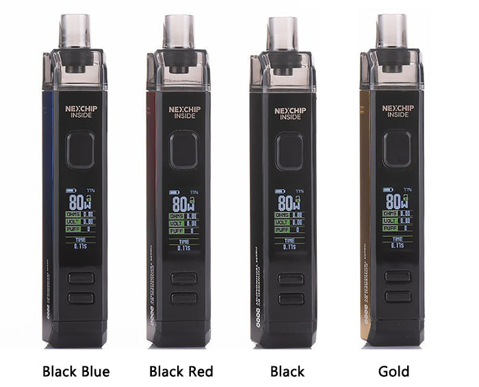 Four Wotofo Manik SMRT Pod Kits shown side by side on a white background, labelled Black Blue, Black Red, Black, and Gold to indicate colour variants.