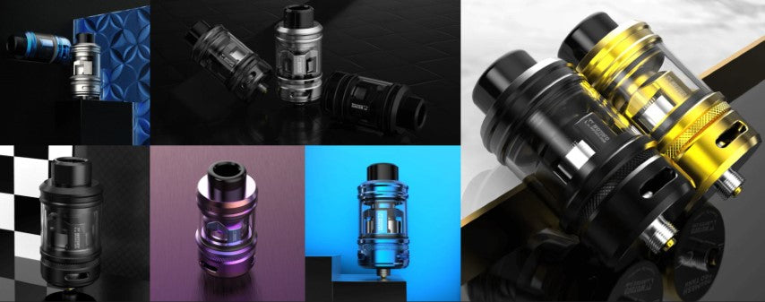 A collage of multiple vape tank and atomizer device shots on dark and colored backgrounds, including black, silver, blue, purple, and yellow metallic finishes.