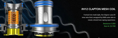 Technical product graphic showing a Clapton mesh coil vape component on a dark background, with cutaway views of the internal structure and text describing the H12 Clapton mesh coil and resistance specs.