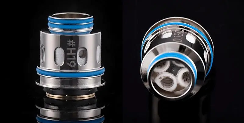 Two close-up views of a metallic vaping coil or atomizer component on a black reflective background, showing the outer body and inner mesh structure with blue accent rings.
