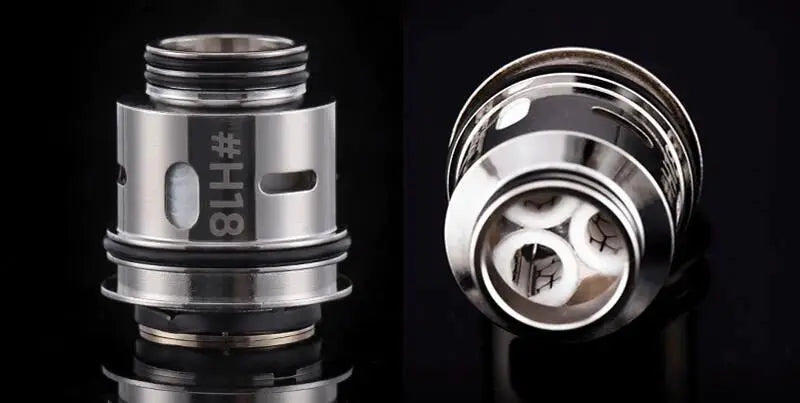 A close-up studio shot of a metallic vaping coil assembly shown from two angles on a black background, with the text '#H18' printed on one side.