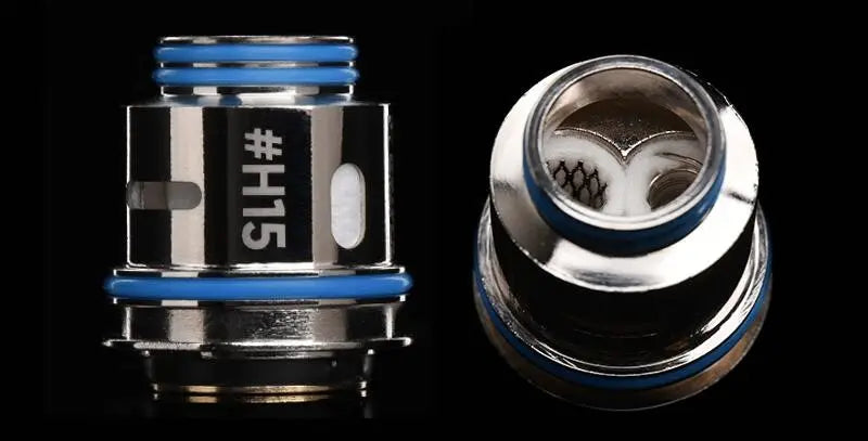 Two close-up views of a metallic cylindrical vape coil or atomizer component on a black background, one showing the outer side with blue O-rings and '#H15' printed on the body, and the other showing the inner structure with blue accent rings.