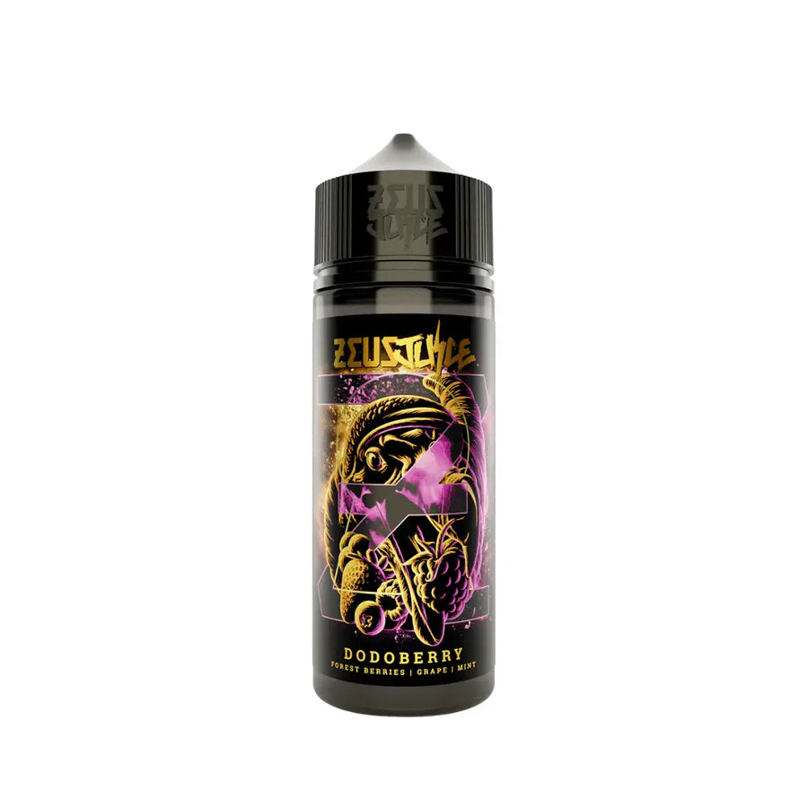 100ml Zeus Juice Dodoberry 70:30 e-liquid bottle with colourful label on a white background