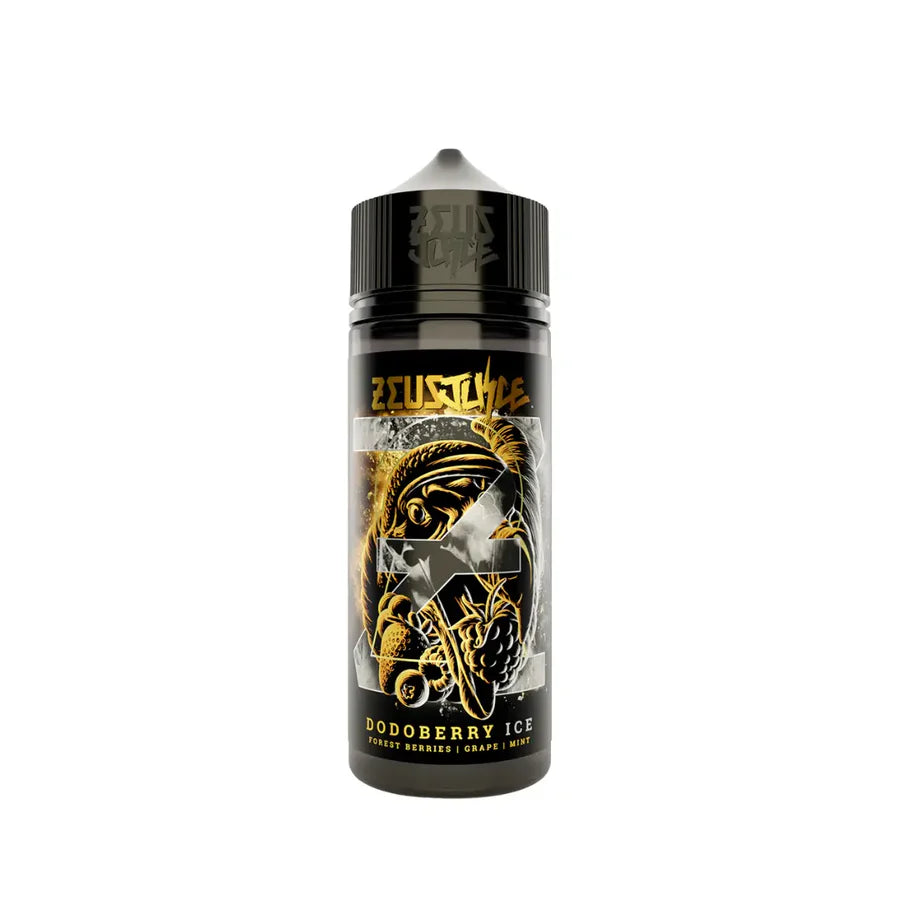 Vape juice bottle with black and gold label on a white background