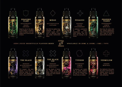 Zulu Juice shortfills flavour menu with various vape juice bottles on a black background