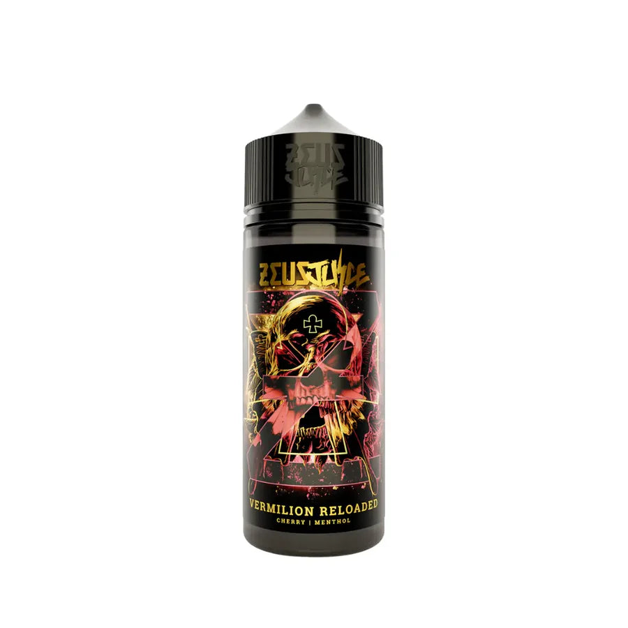 100ml Zeus Juice Vermilion Reloaded 70:30 e-liquid bottle on a white background.
